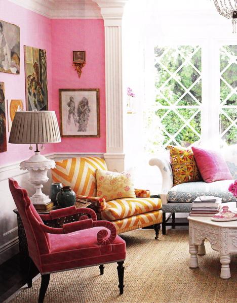 Traditional Sitting Room Decor, Interior Design, Red Pink Living