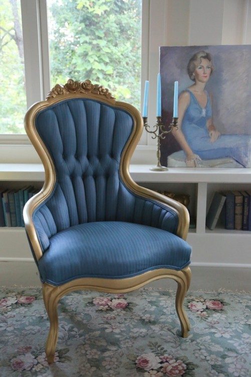 chalk paint on fabric blue chair gold accent