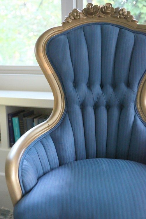 blue chalk paint on fabric chair