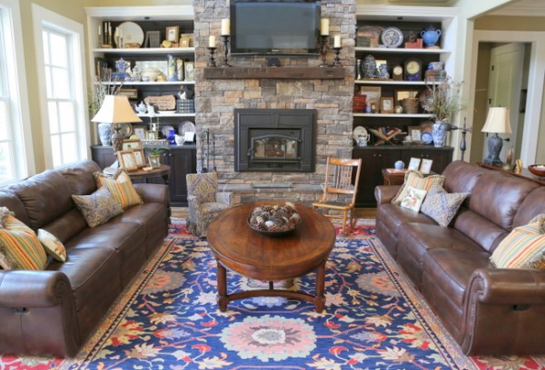 rustic traditional stone fireplace living room