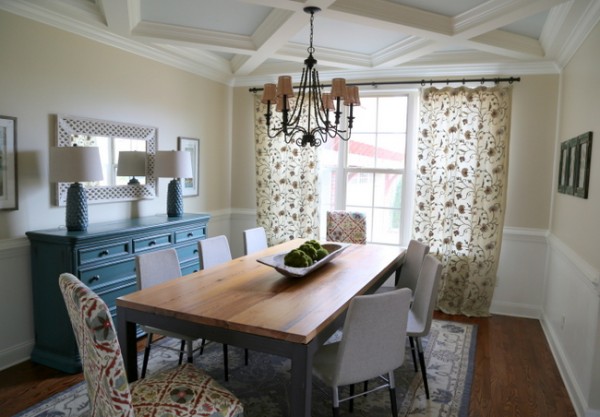 mismatched dining table and buffet