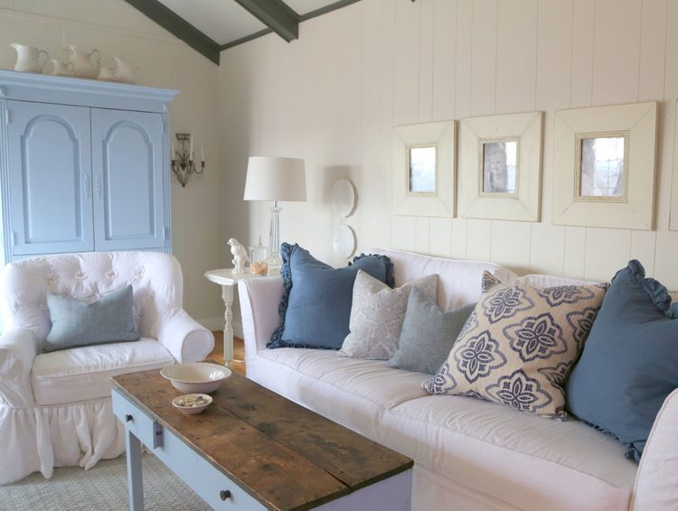 blue and white living room