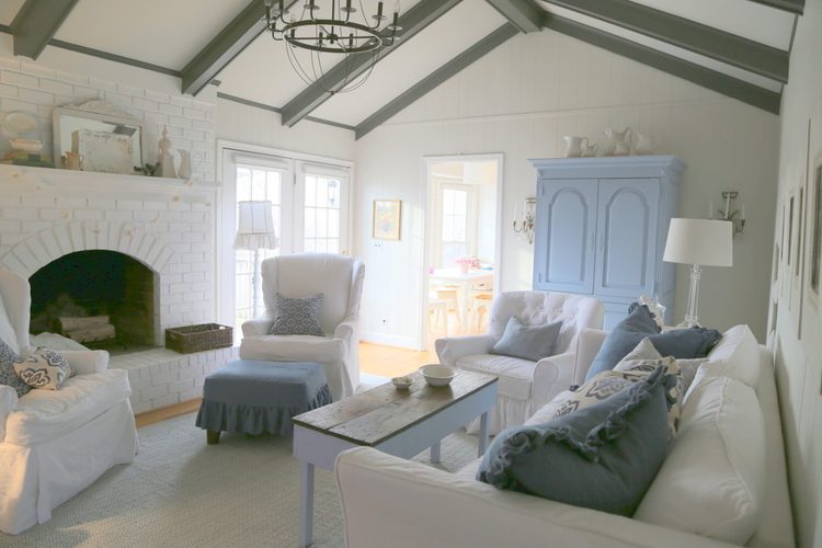 blue and white designer living room