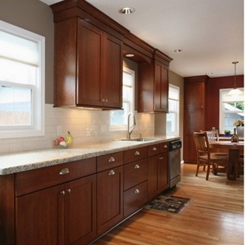 Dark Cherry Cabinets With Quartz Countertops Countertops Ideas   Cherry Cabinets And White Subway 