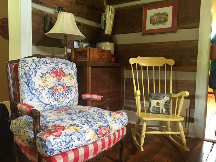 colorful upholstery in log cabin