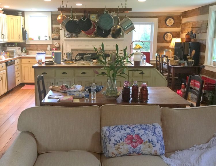 yellow sofa in log cabin