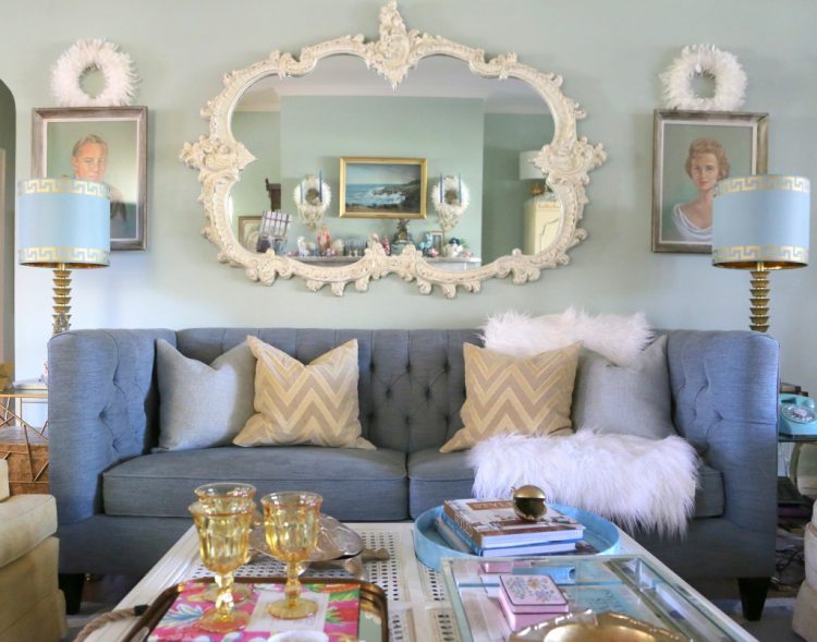 blue tufted sofa