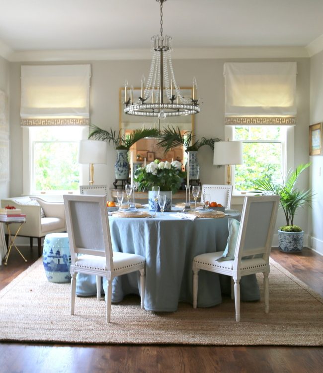 blue and white dining room