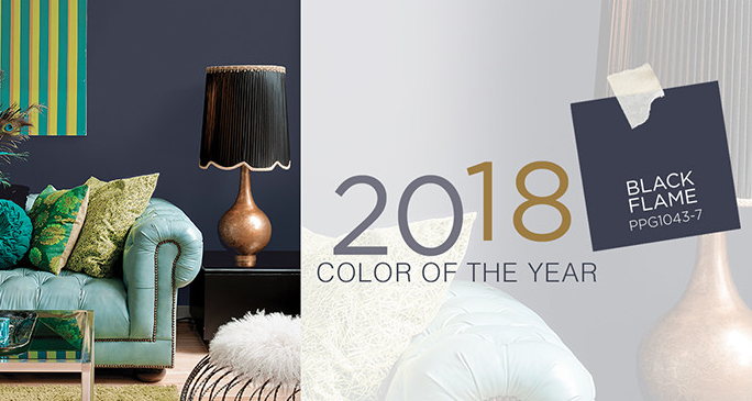 PPG 2018 color of the year black flame with teal couch and green pillows