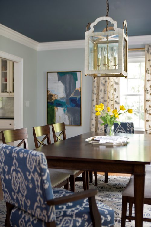 dark blue ceiling and spa blue walls in dining room designed by Kristie Barnett, The Decorologist