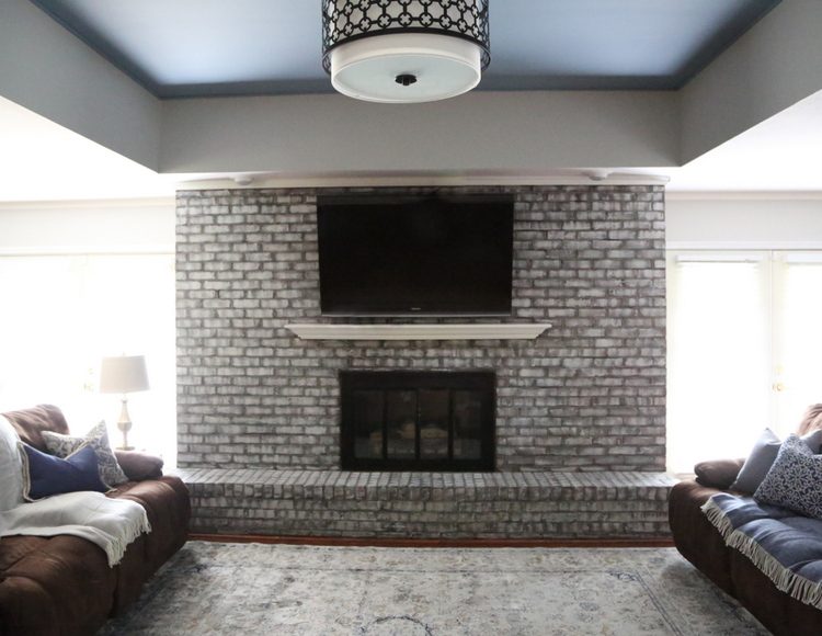 Sherwin-Williams Poolhouse on ceiling with faux painted fireplace makeover