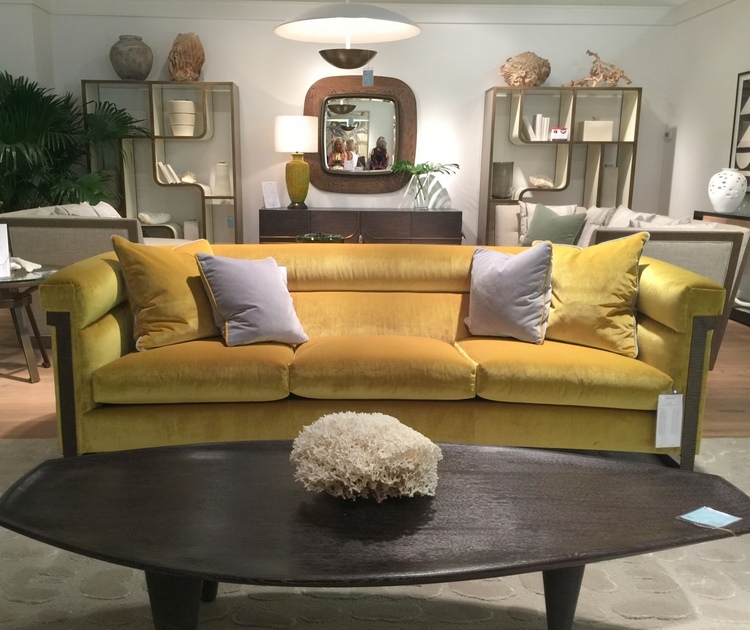 yellow velvet sofa in Michael Berman collection at theodore alexander