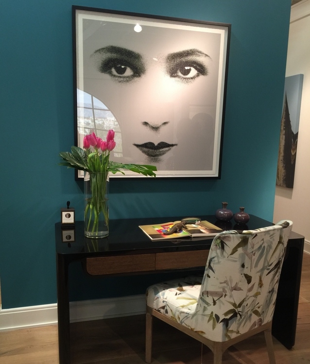 teal wall in Theodore Alexander showroom Michael Berman line