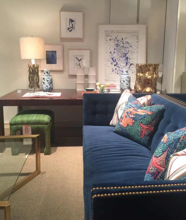 dark blue sofa in Century Furniture showroom