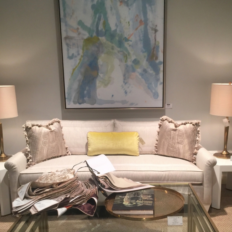 blush pink sofa, pillows, and lampshades at Century Furniture showroom at High Point Furniture Market