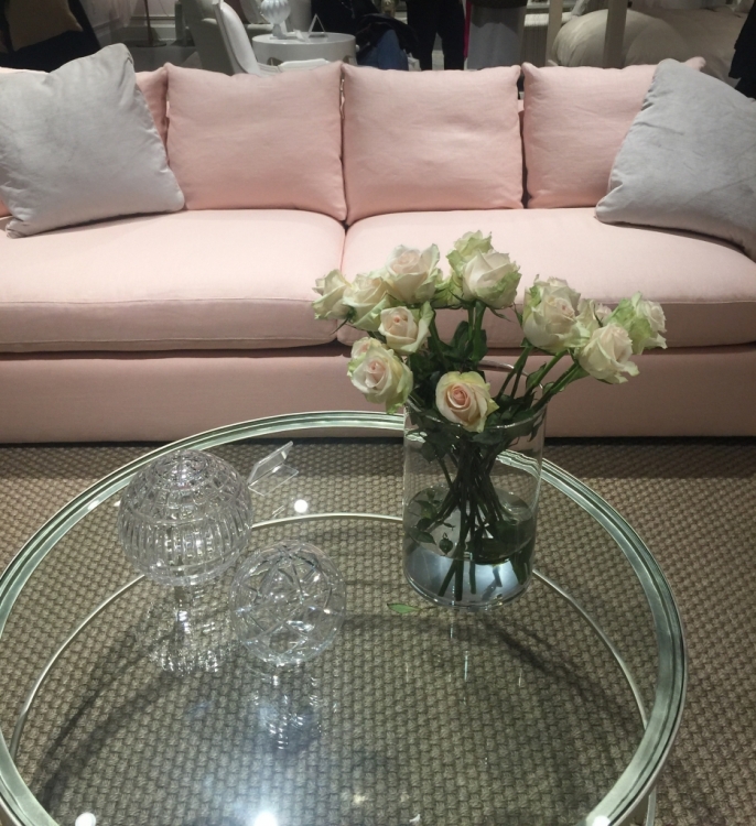 Highland House pink sofa in Crypton fabric at High Point Furniture Market