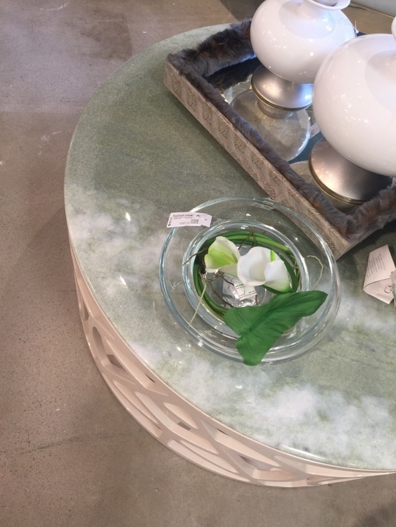 mint green stone tabletop at Green Apple Home Style showroom