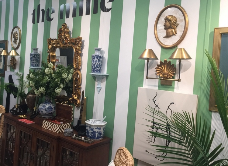 green and white cabana stripes in the mine showroom at High Point Market