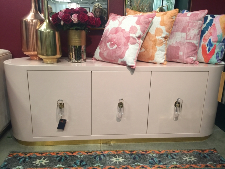 pink credenza with lucite handles in ModShop showroom at High Point Market