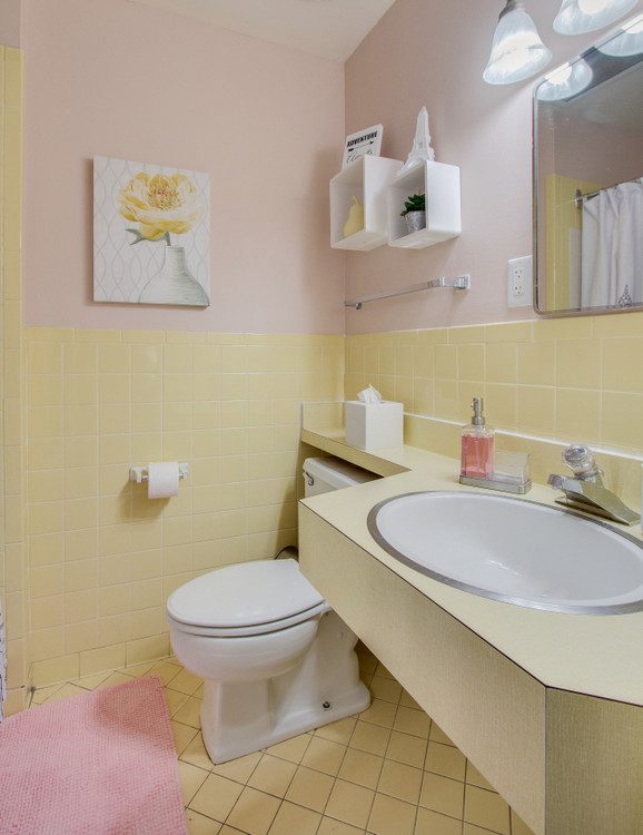 sherwin-williams malted milk with vintage yellow tile in bathroom makeover