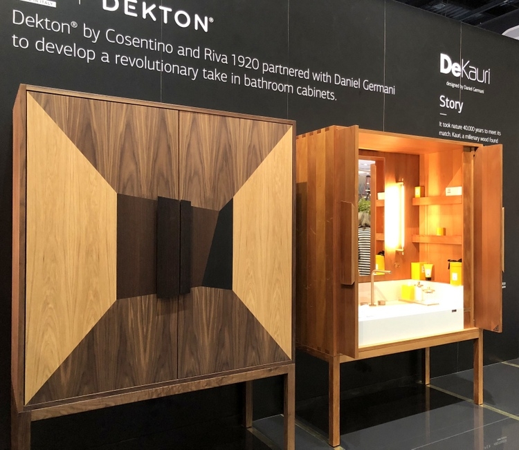 furniture like wood bathroom vanity cabinets that can be closed by Daniel Germani for Dekton by Cosentino at 2018 