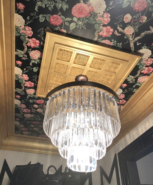 floral wallpaper with black background on ceiling and gold trim