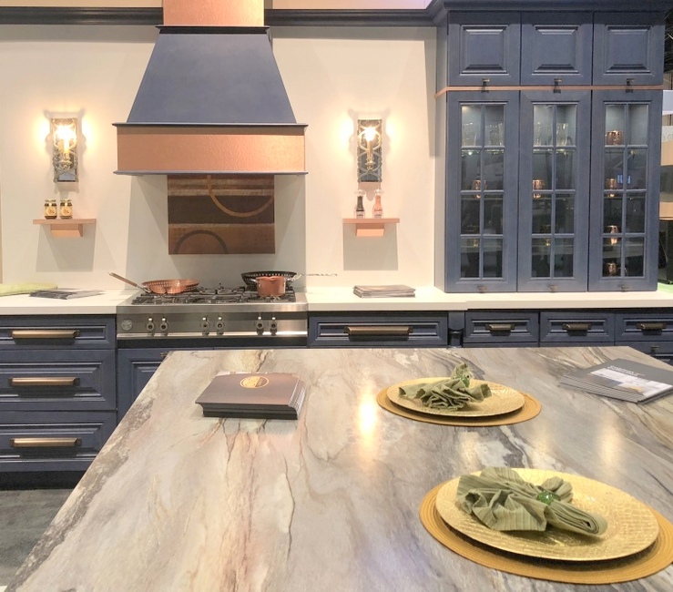 color for 2018 is dark blue kitchen cabinets at KBIS with copper accents