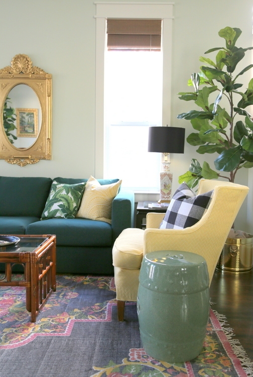 beach house design with dark green sofa, black rug, yellow chairs, Benjamin Moore Silken Pine on walls and fiddle fig leaf tree