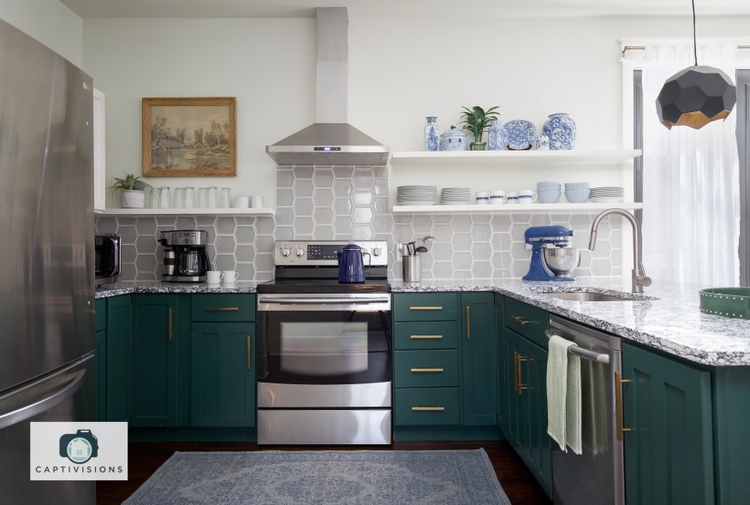 kitchen design with benjamin moore garden cucumber lower cabinets, gray walls, Rose Bay Cambria quartz, design by Kristie Barnett of The Decorologist 