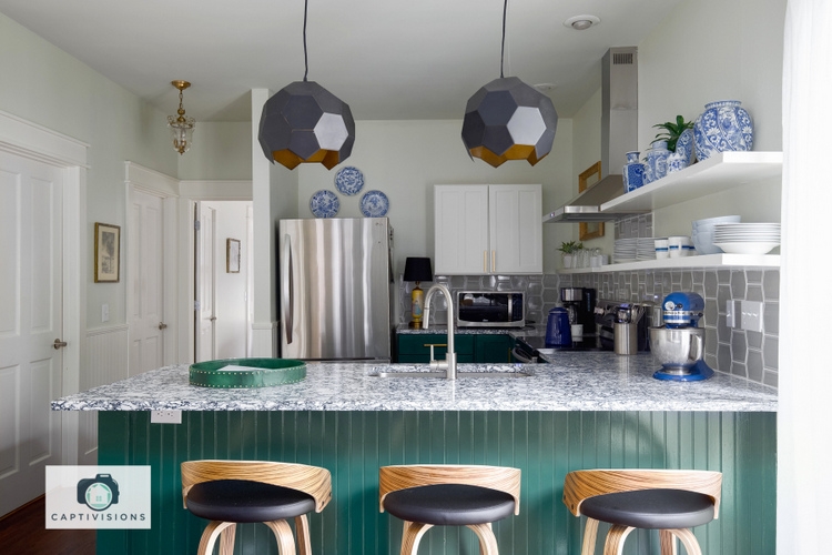 33 Palms Kitchen, designed by Kristie Barnett, The Decorologist, green base cabinets, Rose Bay Cambria quartz