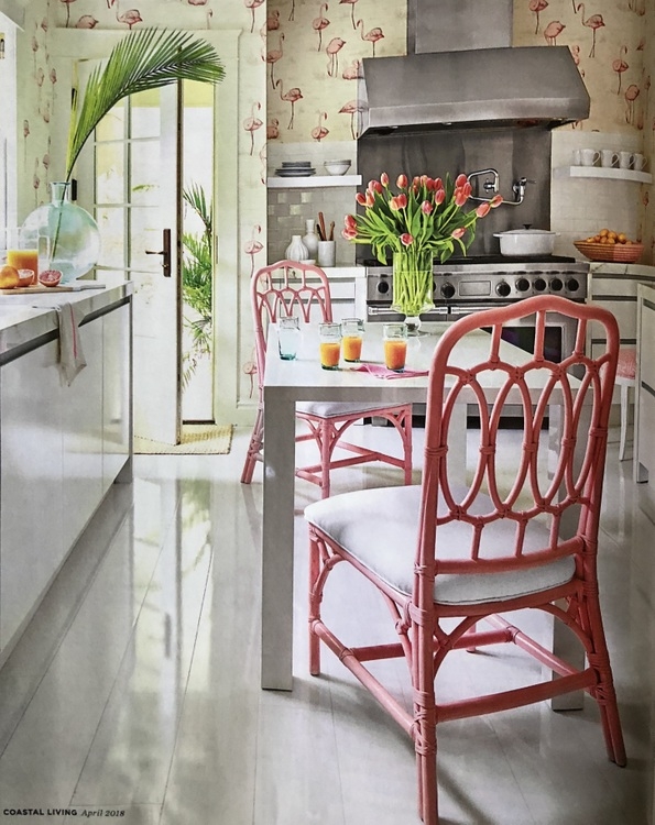 Mary McGee kitchen design with flamingo wallpaper and hot pink rattan chairs