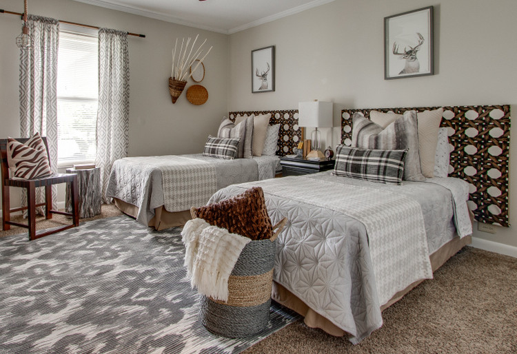 sherwin-williams wool skein walls and upholstered headboards in guest room by JW Nash & Co. and Main Street Home Staging and Designs