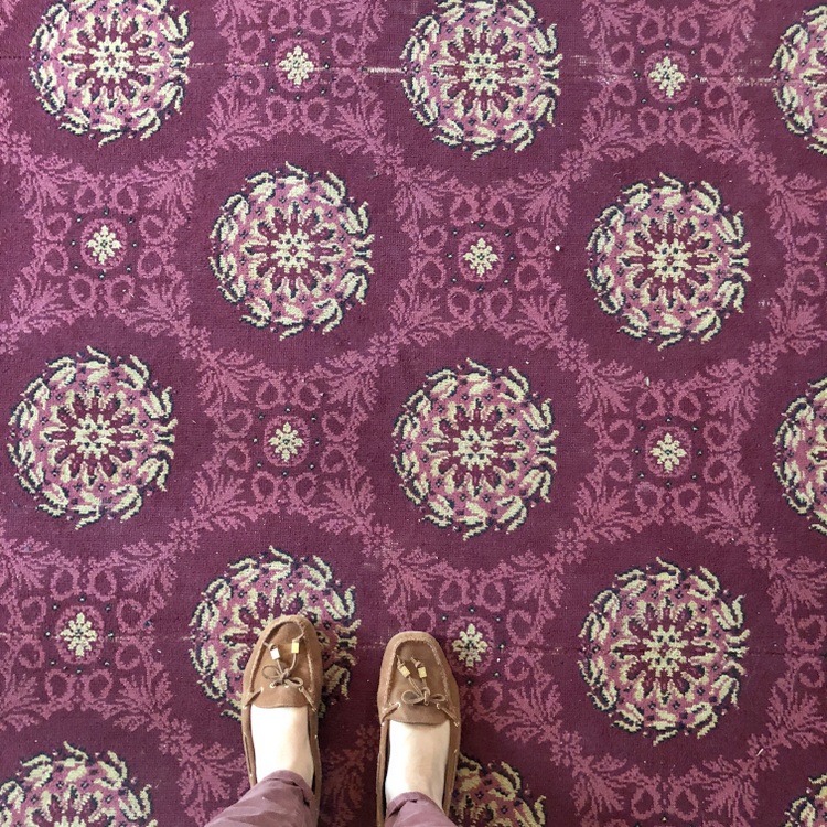 dark pink patterned historic carpet at James K Polk home