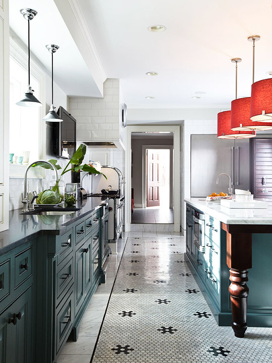 Green and White Kitchen Cabinets with Dark Green Bottom Cabinets