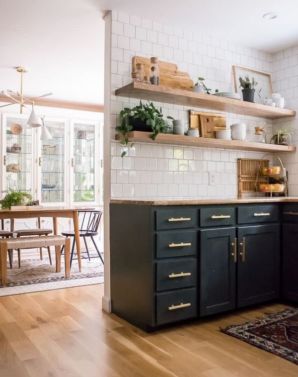 open wood shelving in kitchen