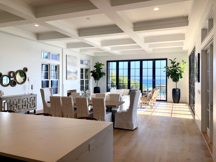 white coffered ceilings and black window casings