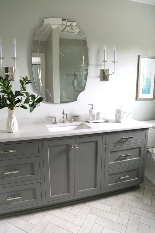 gray cabinet bathroom makeover by The Decorologist