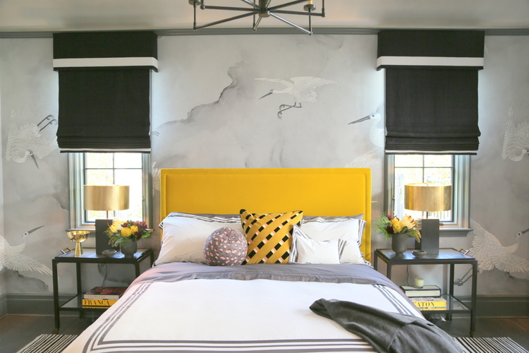 yellow gold upholstered headboard in Jackson Paige master bedroom at House Beautiful Whole Home Concept House