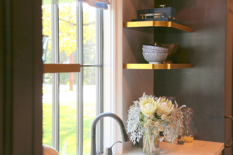 gold edge shelves in butler's pantry