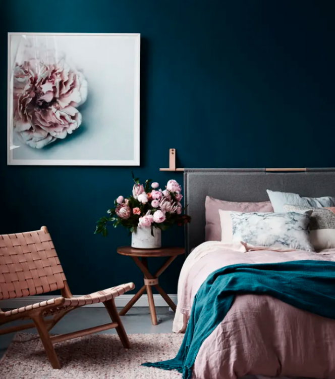 navy walls and blush pink color scheme