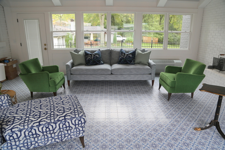 blue patterned encaustic tile flooring