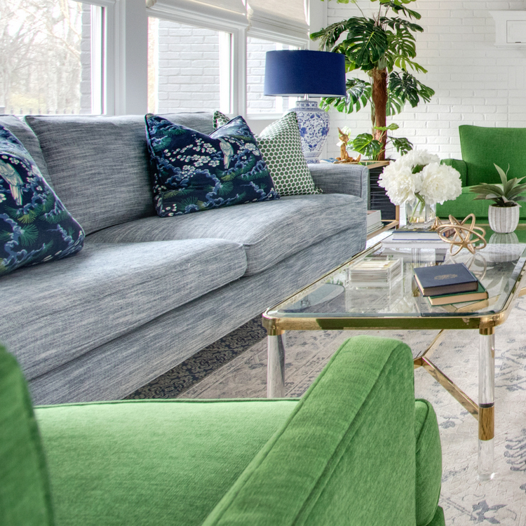 green club chair, blue sofa from cr laine