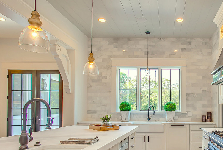 backsplash tile on entire wall, blue ceiling