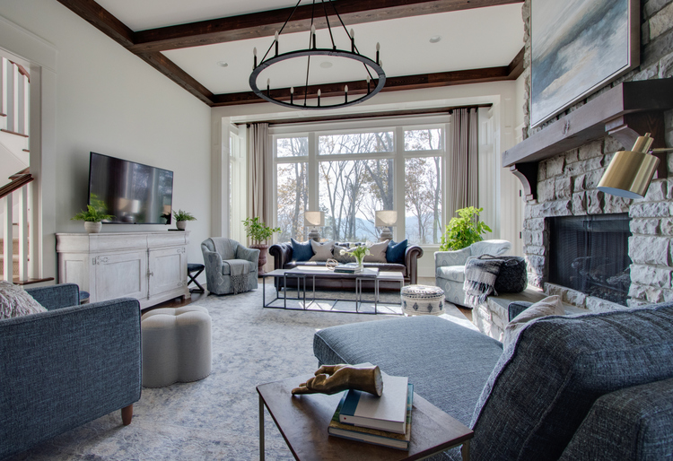 blue and cream great room design by the decorologist