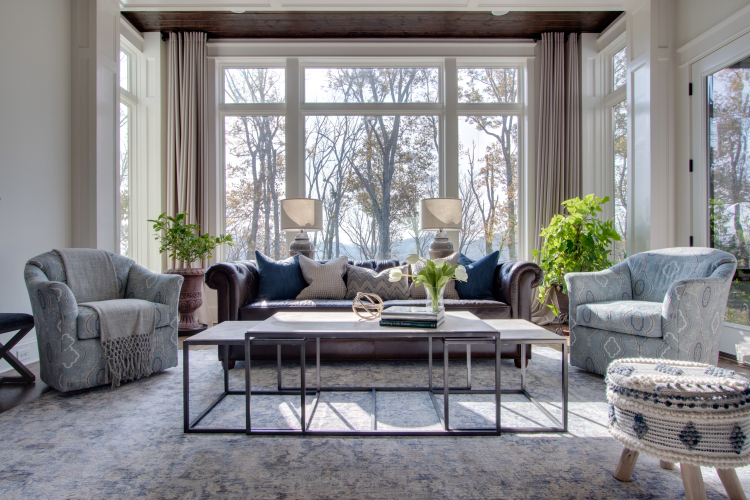 living room design with brown leather sofa