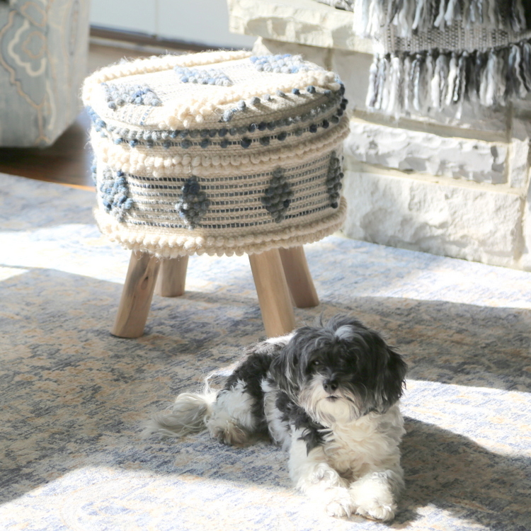 bohemian ottoman and cute dog