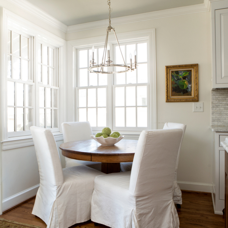 white slipcovered breakfast room