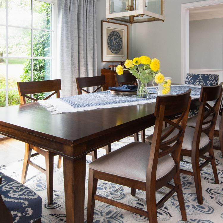 dark wood dining table with gray cashmere walls