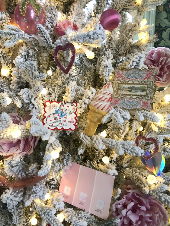 flocked valentine tree with ornaments