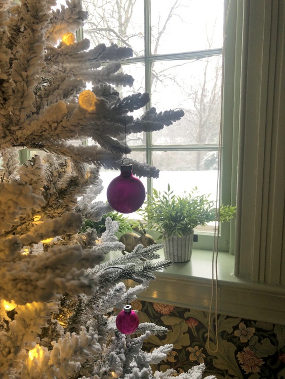 valentine tree in front of snowy window